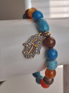 Hamsa Hand Charm Beaded Stretch Bracelet Faux Gemstone Beads